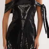Aurora Sky Off-Shoulder Tie Mini Dress Sequin Black