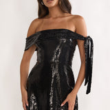 Aurora Sky Off-Shoulder Tie Mini Dress Sequin Black