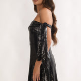 Aurora Sky Off-Shoulder Tie Mini Dress Sequin Black