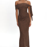 Aurora Sky Off-Shoulder Tie Maxi Dress Lace Chocolate