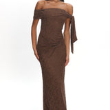 Aurora Sky Off-Shoulder Tie Maxi Dress Lace Chocolate