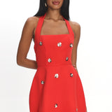 Hendrix Halterneck A-Line Mini Dress Sequin Flower Red