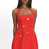 Hendrix Halterneck A-Line Mini Dress Sequin Flower Red