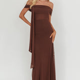 Silver Moon Tied Off-Shoulder Maxi Dress Chocolate