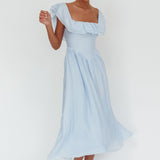 Serinah Basque Waist Off-Shoulder Maxi Dress Blue