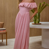 Serinah Basque Waist Off-Shoulder Maxi Dress Pink
