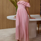 Serinah Basque Waist Off-Shoulder Maxi Dress Pink