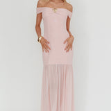 Wilma Off-Shoulder Sheer Hem Maxi Dress Pink