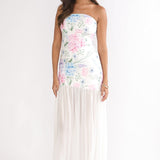 Wilma Sheer Hem Strapless Maxi Dress Flowers Blue