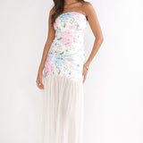Wilma Sheer Hem Strapless Maxi Dress Flowers Blue