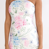 Wilma Sheer Hem Strapless Maxi Dress Flowers Blue