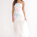Wilma Sheer Hem Strapless Maxi Dress Flowers Blue