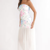 Wilma Sheer Hem Strapless Maxi Dress Flowers Blue