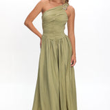 Andrina One-Shoulder Ruched Maxi Dress Olive