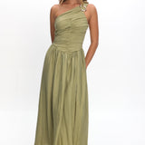 Andrina One-Shoulder Ruched Maxi Dress Olive