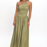 Andrina One-Shoulder Ruched Maxi Dress Olive
