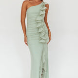 Haven One-Shoulder Ruffle Accent Maxi Dress Sage