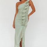 Haven One-Shoulder Ruffle Accent Maxi Dress Sage