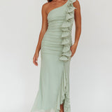 Haven One-Shoulder Ruffle Accent Maxi Dress Sage