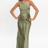 Luli One-Shoulder Waist Sash Maxi Dress Olive