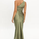 Luli One-Shoulder Waist Sash Maxi Dress Olive
