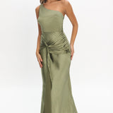 Luli One-Shoulder Waist Sash Maxi Dress Olive