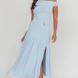Azure Sun Asymmetric Neckline Split Maxi Dress Blue