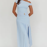 Azure Sun Asymmetric Neckline Split Maxi Dress Blue
