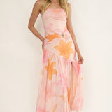 Azure Sun Drop Waist Split Maxi Dress Print Orange