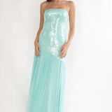 Azure Sun Drop Waist Split Maxi Dress Sequin Aqua