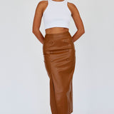 Kane Faux Leather Midi Skirt Brown