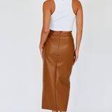 Kane Faux Leather Midi Skirt Brown
