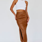 Kane Faux Leather Midi Skirt Brown