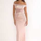 Bellora Off-Shoulder Sequin Trim Maxi Dress Nude
