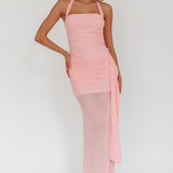 Rebekkah Halterneck Side Sash Maxi Dress Pink