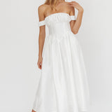 Heavens Above Off-Shoulder Basque Waist Midi Dress Ivory