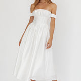 Heavens Above Off-Shoulder Basque Waist Midi Dress Ivory