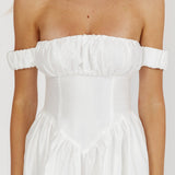 Heavens Above Off-Shoulder Basque Waist Midi Dress Ivory
