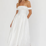 Heavens Above Off-Shoulder Basque Waist Midi Dress Ivory