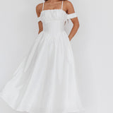 Heavens Above Off-Shoulder Basque Waist Midi Dress Ivory