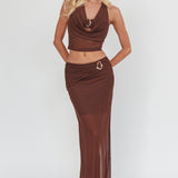 Paullina Gold Buckle Mesh Maxi Skirt Brown