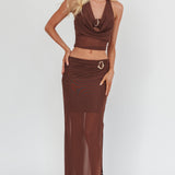 Paullina Gold Buckle Mesh Maxi Skirt Brown