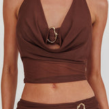 Paullina Cowl Halterneck Crop Top Brown