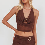 Paullina Cowl Halterneck Crop Top Brown