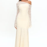 Lylah Asymmetric Neckline Long Sleeve Maxi Dress Lace Butter