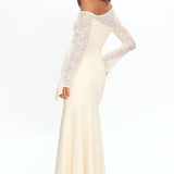 Lylah Asymmetric Neckline Long Sleeve Maxi Dress Lace Butter