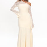 Lylah Asymmetric Neckline Long Sleeve Maxi Dress Lace Butter