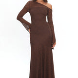 Lylah Asymmetric Neckline Long Sleeve Maxi Dress Lace Chocolate