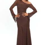Lylah Asymmetric Neckline Long Sleeve Maxi Dress Lace Chocolate