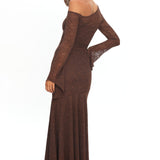 Lylah Asymmetric Neckline Long Sleeve Maxi Dress Lace Chocolate